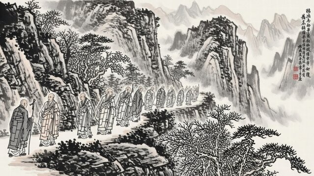 Ink Journey: An enchanting ink painting reveals a procession of robed figures winding their way along a mountain path, evoking a sense of solemnity and spiritual voyage. 