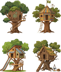 Naklejka premium Collection of diverse treehouse designs featuring rustic log cabin modern playhouse with slide and imaginative woven sphere on white background