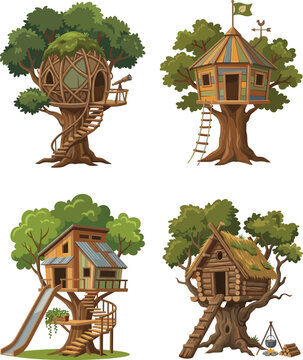 Collection of diverse treehouse designs featuring rustic log cabin modern playhouse with slide and imaginative woven sphere on white background