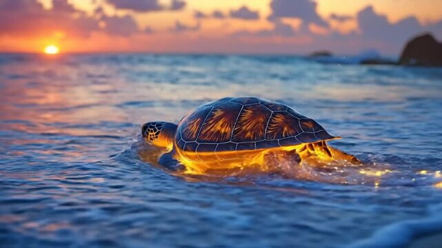 A glowing sea turtle walks on a sandy beach near the ocean at sunset