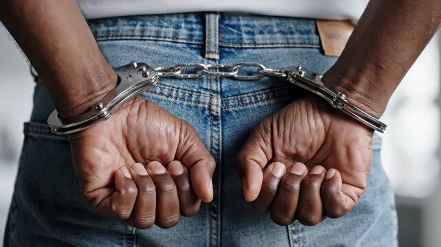 Person wearing handcuffs behind their back in blue jeans