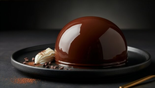 A delicious gourmet dessert of chocolate candy and caramel sauce served on a white plate with cream and a tasty spoon of hot cocoa pudding