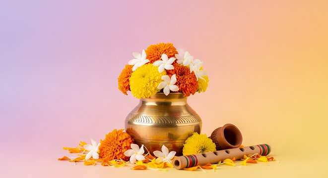 Krishna Janmashtami Celebration Background with a Traditional Butter Pot, Flowers, and Soft Pastel Gradient for Festive Greeting Cards