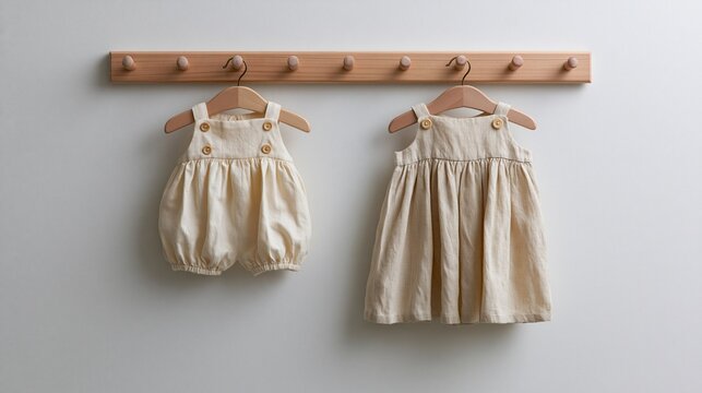 Two pieces of natural beige linen baby clothing including romper and pinafore dress hanging on wooden hangers against plain light gray wall
