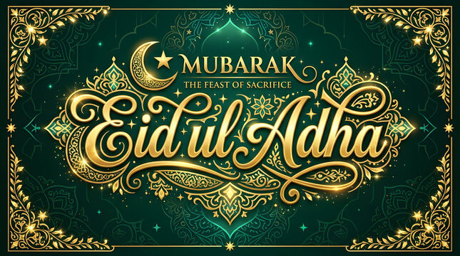 Eid ul Adha greeting in ornate gold calligraphy on dark green background with Islamic patterns for religious celebration.