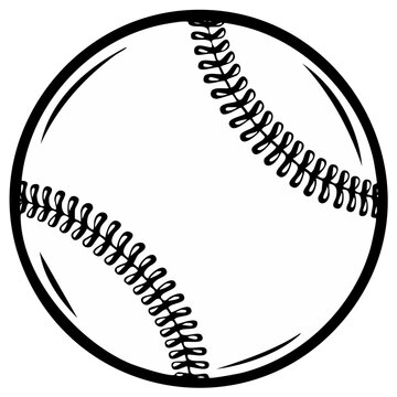 Graphic baseball illustration of sports equipment with seams, black and white drawing of a sports ball for batting practice