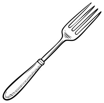 Detailed line art of a fork for dining featuring smooth metal tines and simple curved handle utensil illustration