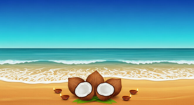 Narali Purnima Banner Design in Elegant Blue and Gold Gradient with Traditional Coconut Offerings by the Sea, Hindu Festival Celebration Background