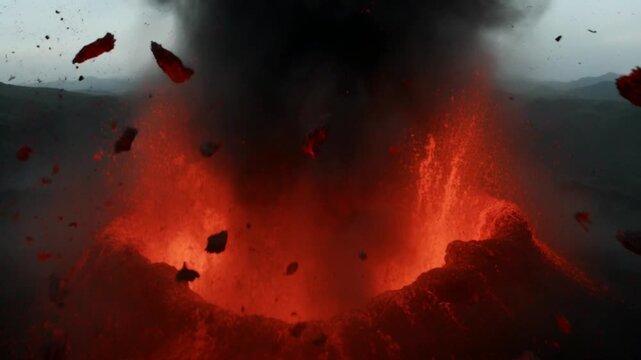 Volcanic eruption with lava and ash.
