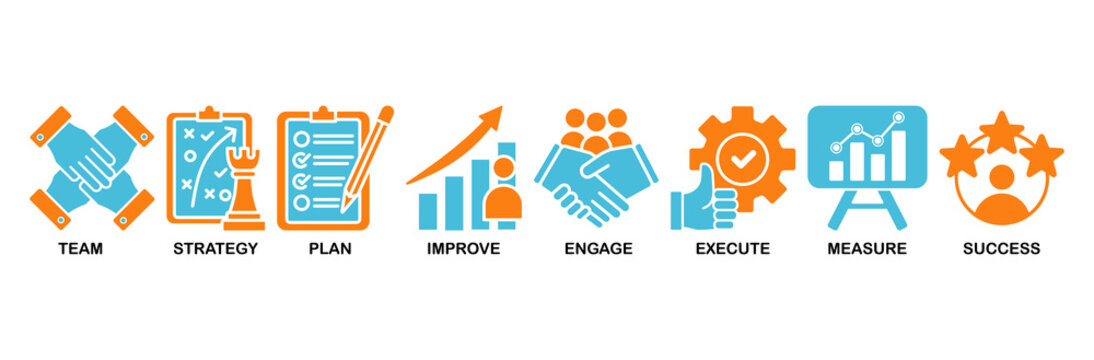Change management icon set Aqua Orange Flat concept for business transformation and organizational change with team, strategy, plan, improve, engage, execute, measure, and success icon