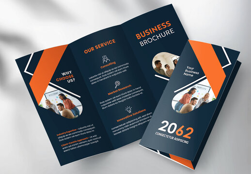 Corporate brochure design template &ndash; Professional modern tri-fold leaflet with geometric layout and business theme in Orange and Dark blue