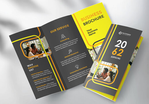 Corporate brochure design template &ndash; Professional modern tri-fold leaflet with geometric layout and business theme in Yellow and Orange