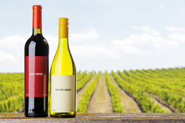 Naklejka premium Red and white wine bottles with grapes