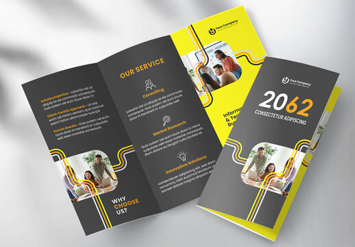 Corporate brochure design template &ndash; Professional modern tri-fold leaflet with geometric layout and business theme in Yellow and Orange