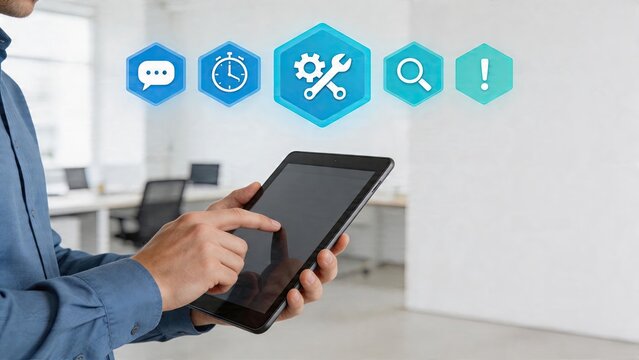 Businessman using digital tablet device in modern office working on project management checking settings and tools interface troubleshooting system errors maintenance software
