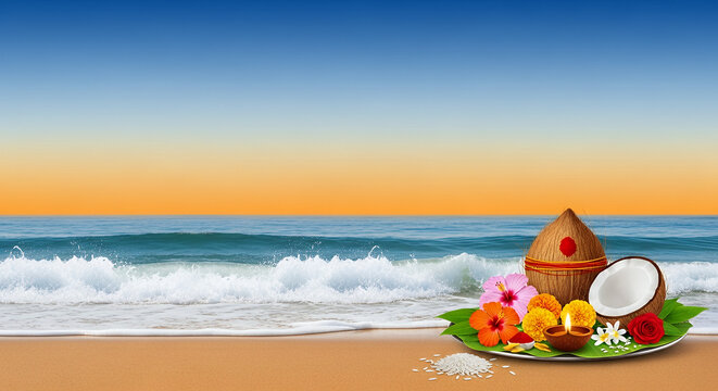 Nariyal Purnima Celebration Background with Serene Ocean Waves and Coconut Offerings, Peaceful Gradient Design and Copy Space for Hindu Festival