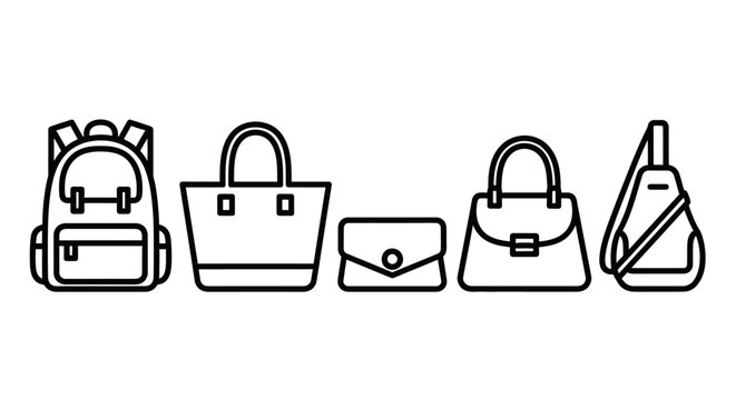 Outlined collection of various bags and backpacks for fashion and travel