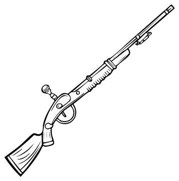 Antique rifle line art, vintage firearm illustration, historical weapon drawing, muzzleloader sketch, gun outline
