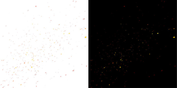 Glowing ember sparks and burning fire particles with realistic flames, smoke texture and fiery overlay on dark transparent background