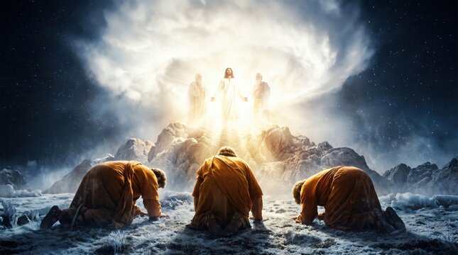 Peter, James and John kneeling in reverence towards Jesus where He was transfigured beside Moses and Elijah, atmospheric setting.