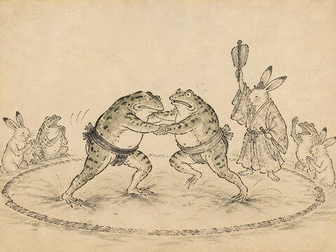 Frog Sumo Wrestling - Japanese Chojugiga Style Illustration