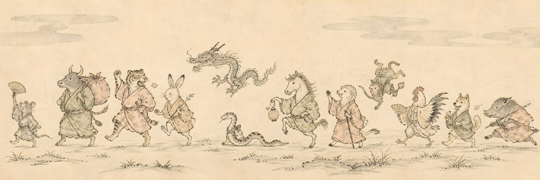 Japanese Zodiac Grand Parade - Chojugiga Style Illustration
