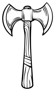 Vector illustration of a double bladed battle axe, wooden handle, black outline.