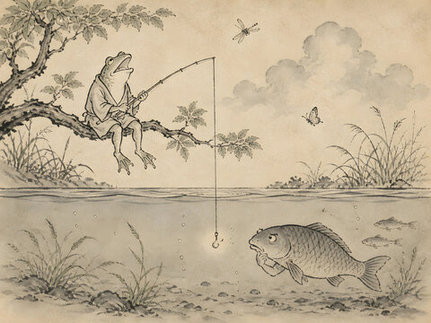 Frog Fishing with Fish Underwater - Japanese Chojugiga Style