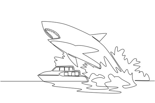 Single line drawing shows a giant megalodon shark jumping over a ferry boat to depict an awesome nature concept. Such breathtaking artwork beautifully suits a National Megalodon Day postcard.