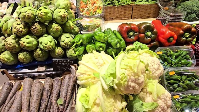 Close up view of fresh green salads and vegetables arranged on a market stall, showing vibrant colors, crisp texture and natural produce, capturing healthy food, organic farming and bright outdoor mar