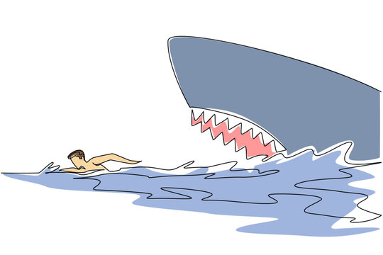 Single line drawing reveals a dangerous megalodon shark chasing a male swimmer on sea for a thrilling ocean life concept. Such spectacular artwork fits a National Megalodon Day event poster.