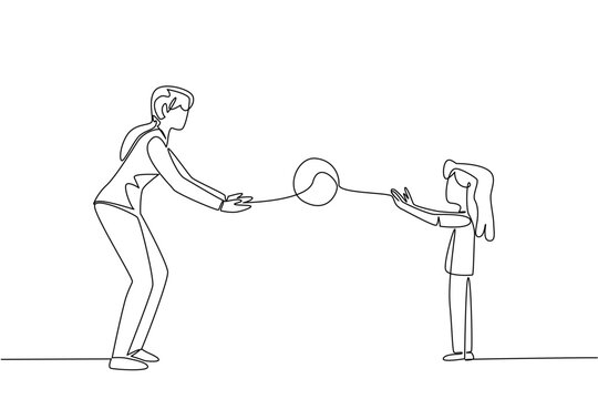 Continuous line drawing displays a lovely mother and daughter playing catch for an outdoor concept. This graphic artwork is excellently designed for a National Play Catch Week kids poster.
