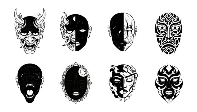 Abstract illustrations of mask like faces with symbolic designs on black background