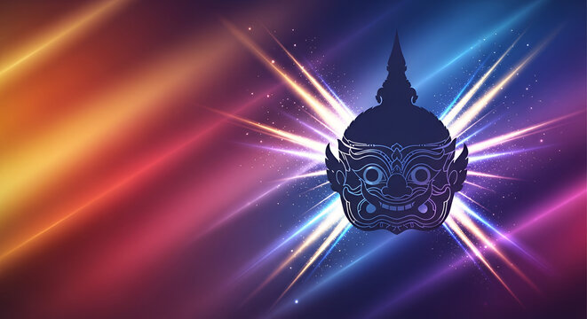 Phi Ta Khon Thai Ghost Festival Banner with Mask Silhouette, Vibrant Gradient Background, Glowing Neon Accents and Large Copy Space for Text