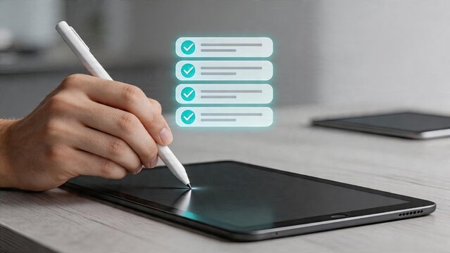 Business man using digital tablet with pen writing on screen checking off list of tasks completing work assignments office workspace concept