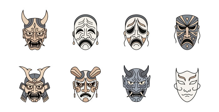 Collection of japanese noh masks on black background