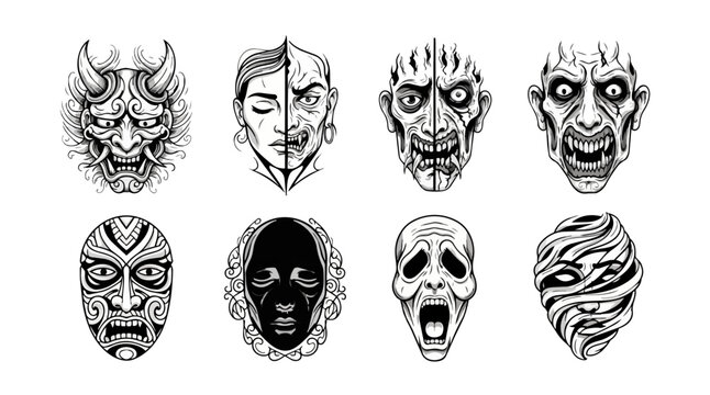 Collection of stylized masks illustrations on a black background