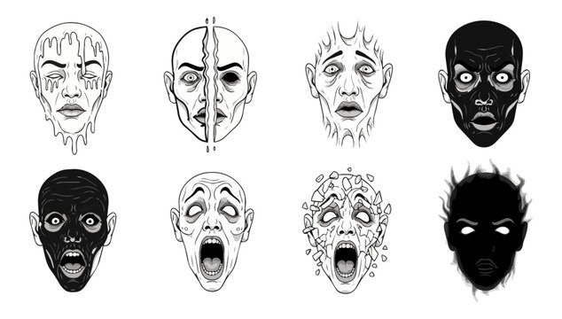 Graphic illustrations of stylized human skull portraits against dark background