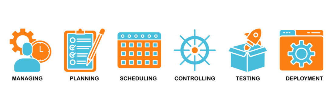 Release management icon set Aqua Orange Flat concept for managing, planning, scheduling, controlling, testing and deployment