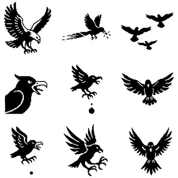 Collection of black bird silhouettes featuring eagles and ravens in various flying and attacking poses silhouette collection