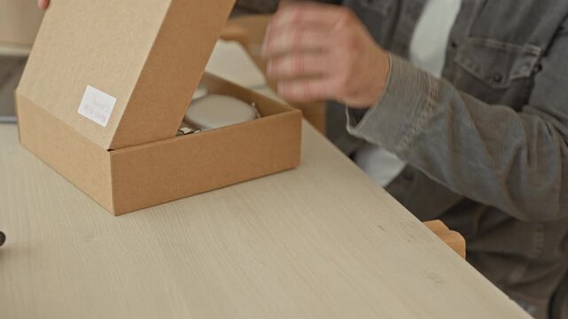 Man holding headphones with hands unpacking a parcel at a packing table inside a building; small business pride.