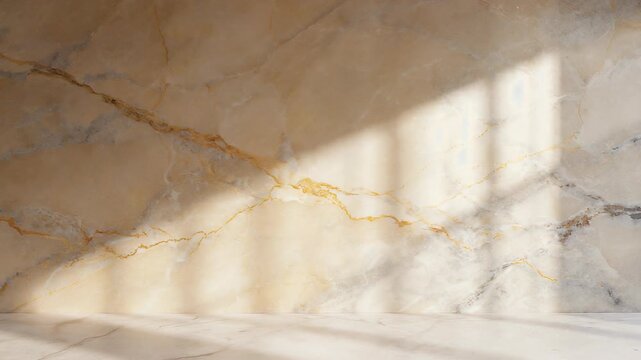 Elegant beige travertine marble wall background with natural gold veining, featuring dramatic sunlight and architectural shadows creating a sophisticated, warm indoor atmosphere