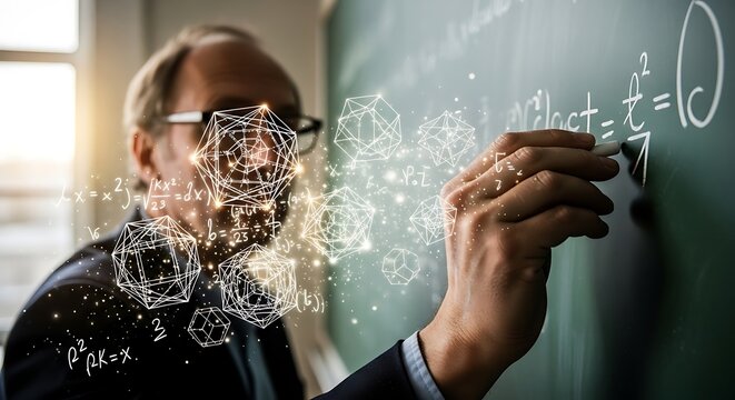 Mature professor writing mathematical formulas on a classroom chalkboard