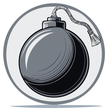 Cartoon illustration of a black round bomb with a lit fuse in a circular frame ready to blow