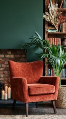 Naklejka premium Cozy orange velvet armchair positioned beside a brick fireplace with candles, surrounded by green plants and a bookshelf filled with books in a stylish interior setting