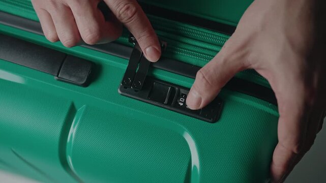 Traveler hands securing green suitcase with combination lock before journey, focusing on baggage safety, personal belongings protection, and travel preparation, close-up, slow motion.