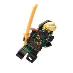 Naklejka premium Editorial illustrative image of collectable lego minifigure of green ninja Lloyd with golden blade or sword weapon isolated on white.