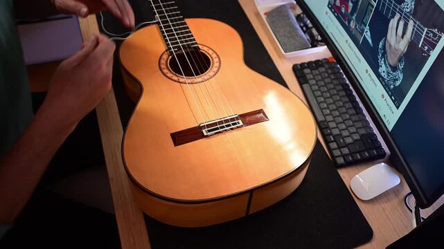 Luthier learning online how to change nylon strings on a classical guitar