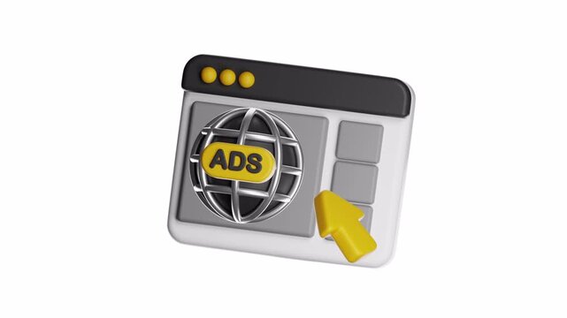 3d ux icon motion internet browser window displaying globe icon featuring ads perfect for digital marketing concepts, online advertising, global business, and technology designs.