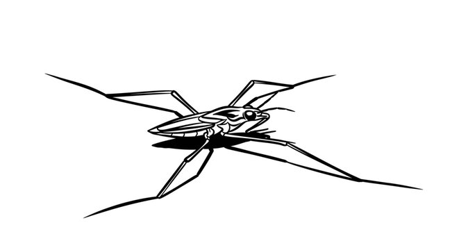 Black and white illustration of a water strider insect on a white background